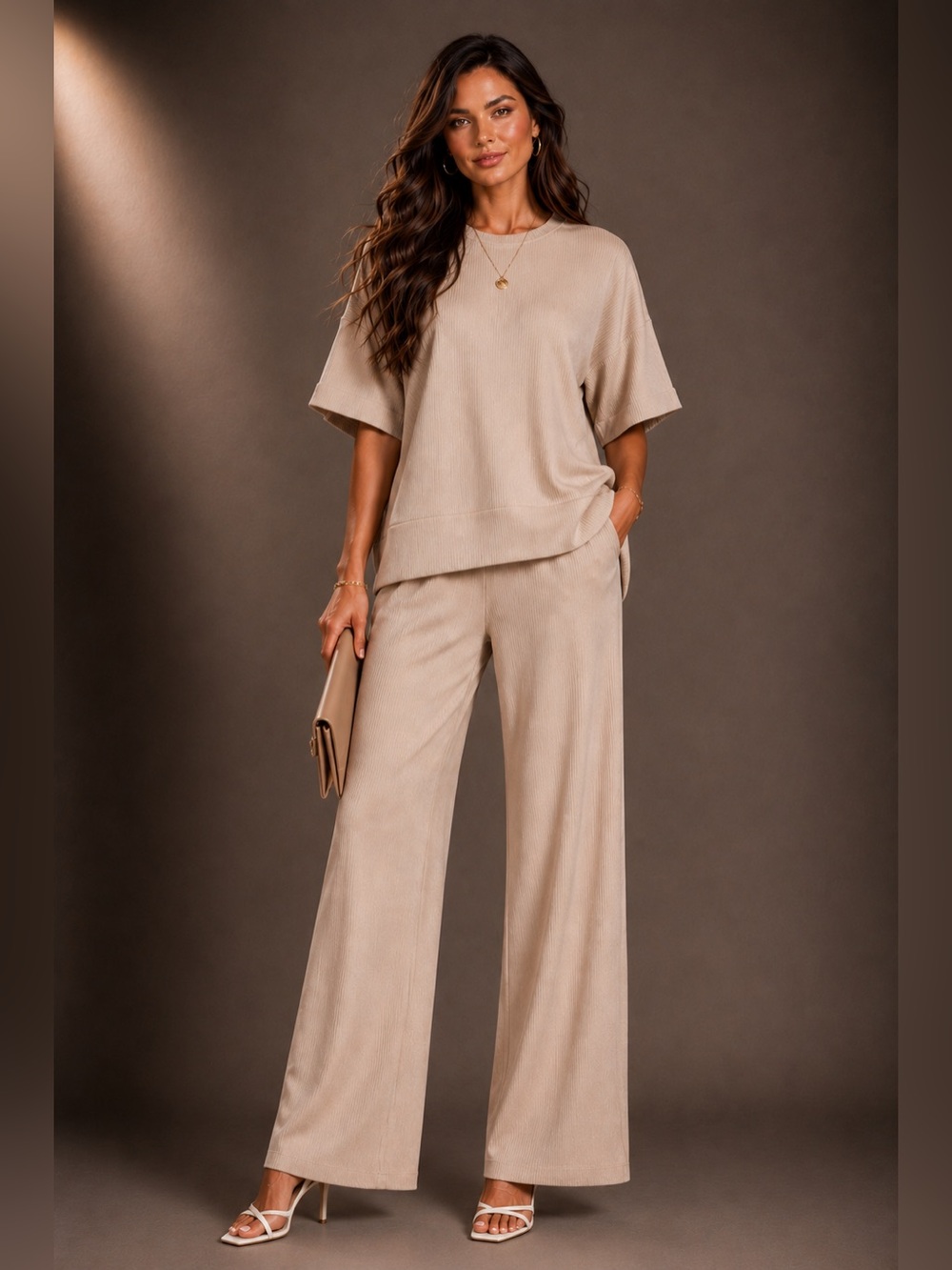 Relaxed Wide-Leg Knit Pants Set in Sand Beige